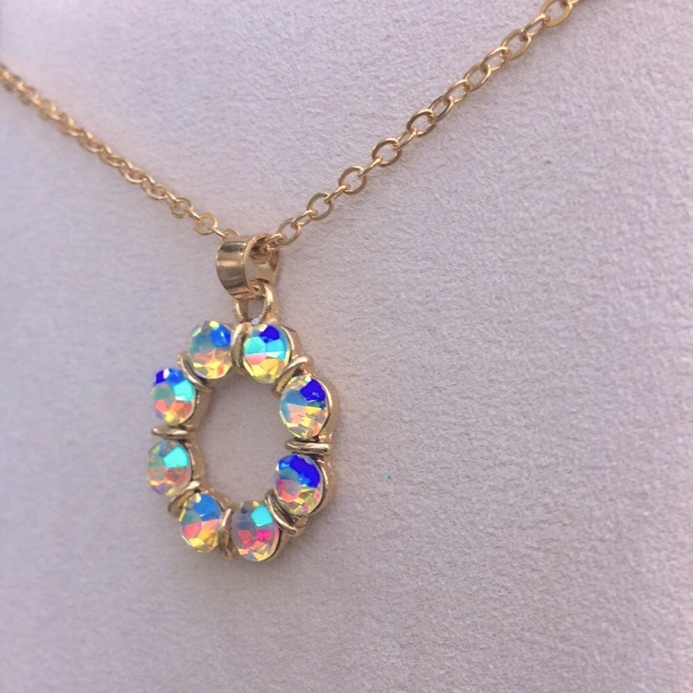 Aurora Borealis + Gold Crystal Circle Pendant Necklace - Picture 3 of 6